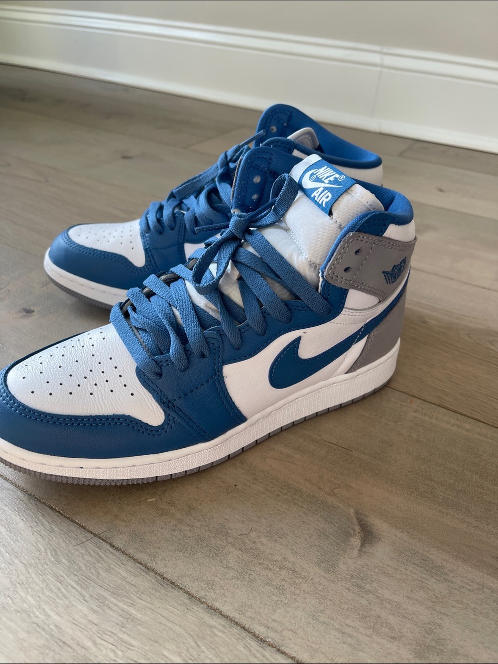 Jordan High Top Sneakers in White, Blue, Gray - Picture 2 of 4